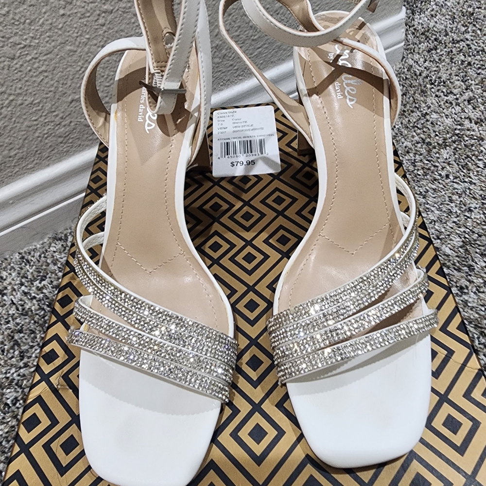 Charlies White Strappy Heels with Rhinestones